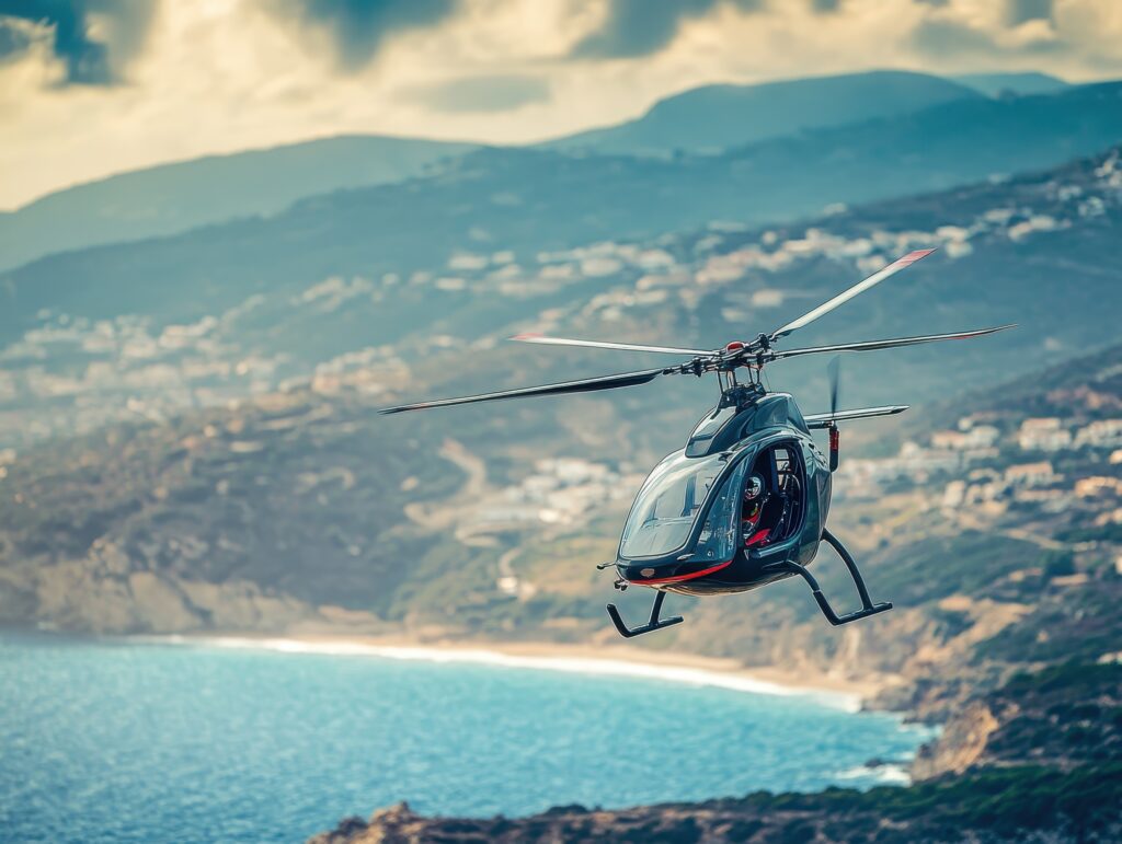 Hélicoptère en vol au-dessus du littoral, assurance hélicoptère avec Roussille Assurances