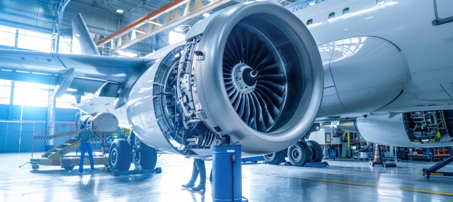 Mécaniciens sur des réacteurs d'avion en hangar, assurance responsabilité civile aéronautique