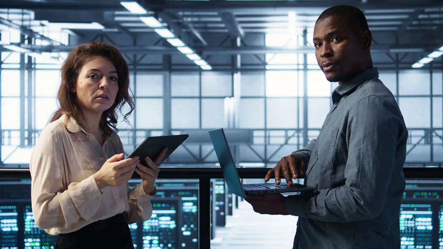 Experts réalisant un audit de vulnérabilité dans un data center