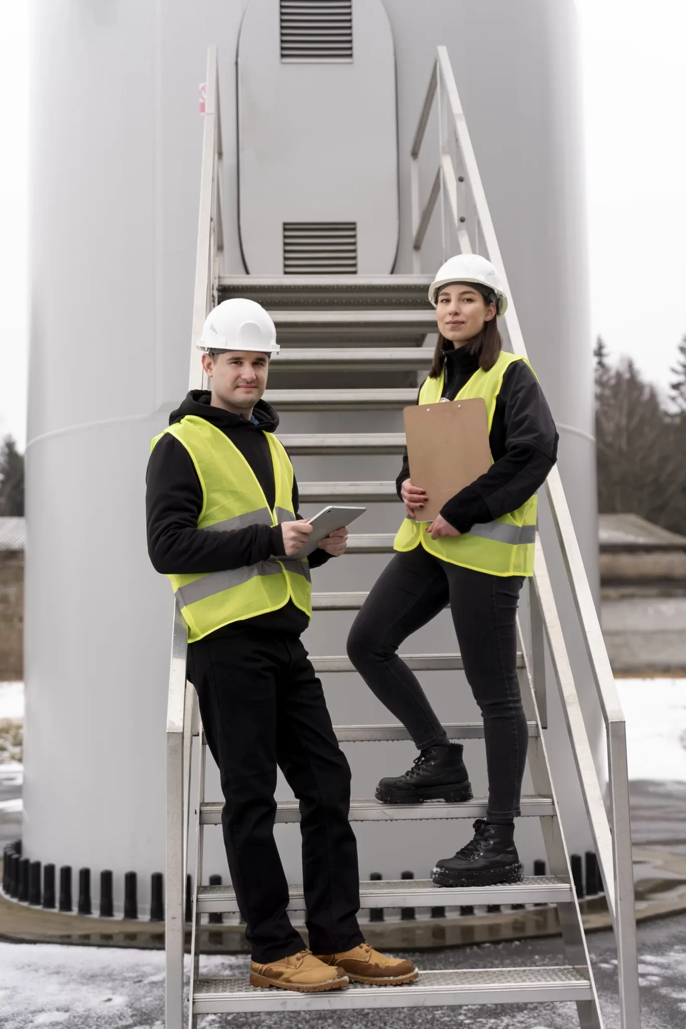 Deux techniciens de maintenance au pied d'une éolienne