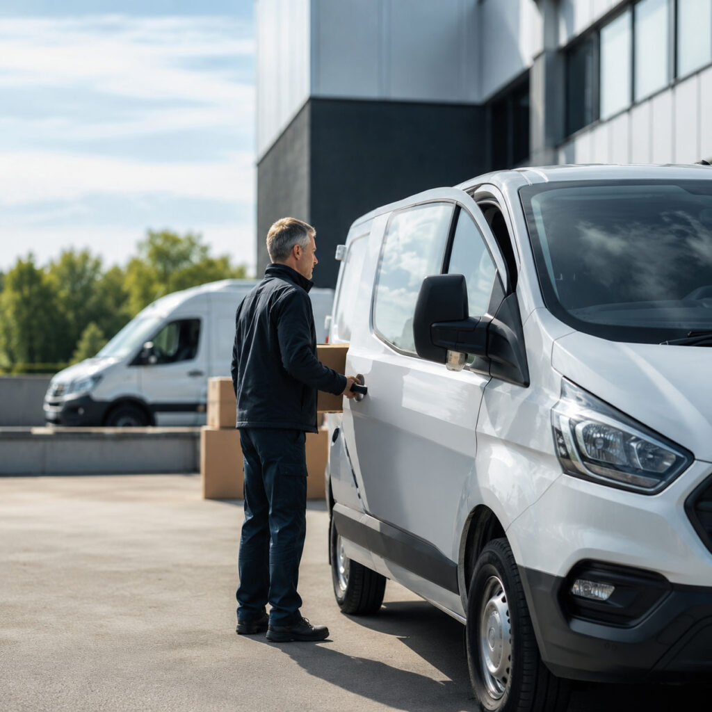 Livreur devant sa flotte de véhicules utilitaires, assurance flotte automobile entreprise
