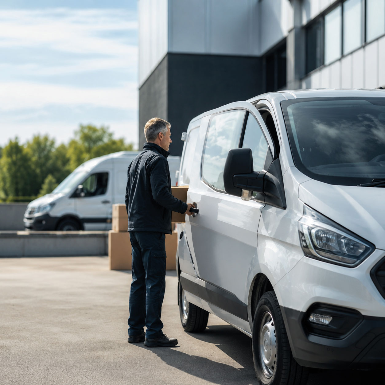 Livreur devant sa flotte de véhicules utilitaires, assurance flotte automobile entreprise